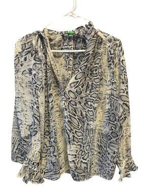 Snake Print V-Neck Long Sleeve Blouse - Black & Cream